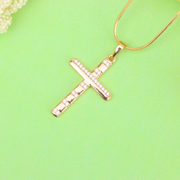 "Rose Gold Cross Pendant with CZ Stripes in Geometric Modern Design, XPPT1821 - Picture 3 of 12